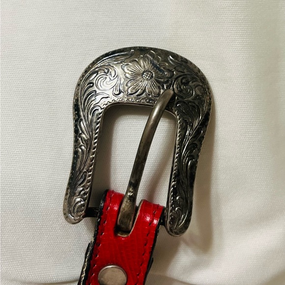 Vintage Red Snakeskin style leather belt hand made in Texas by Circle of Yoakum - Picture 5 of 12